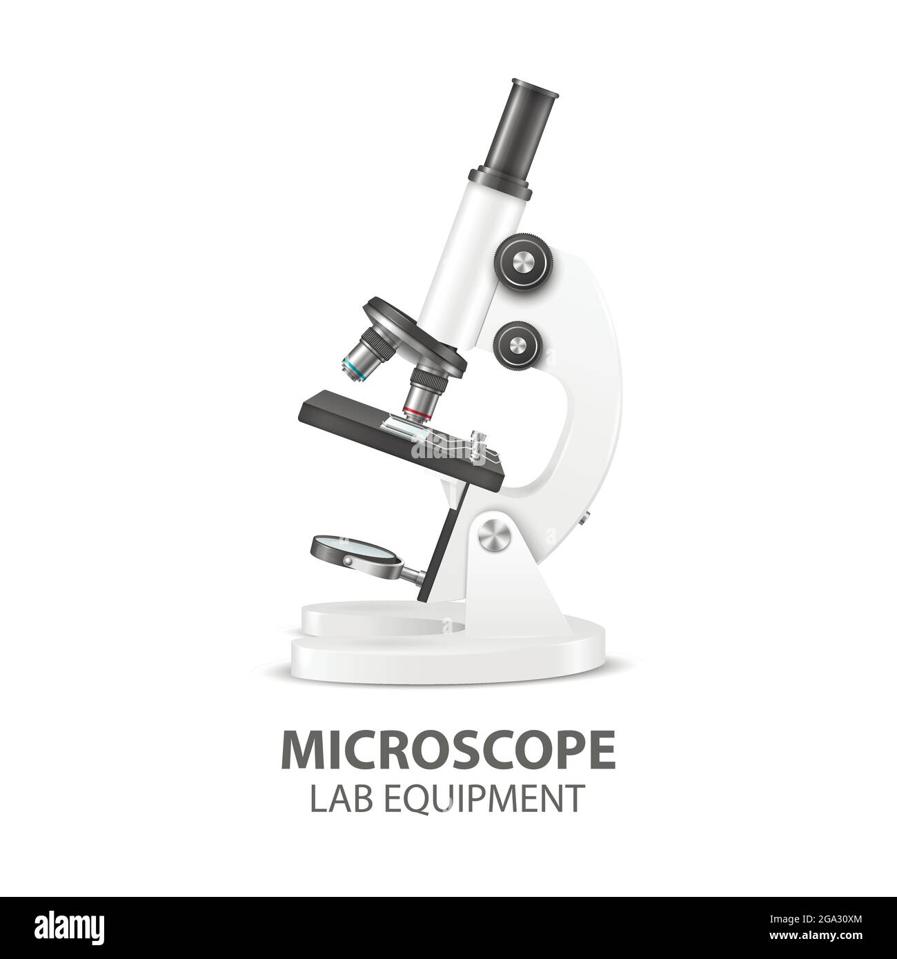 Microscope Parts, Structure Anatomy. Vector 3d Realistic White