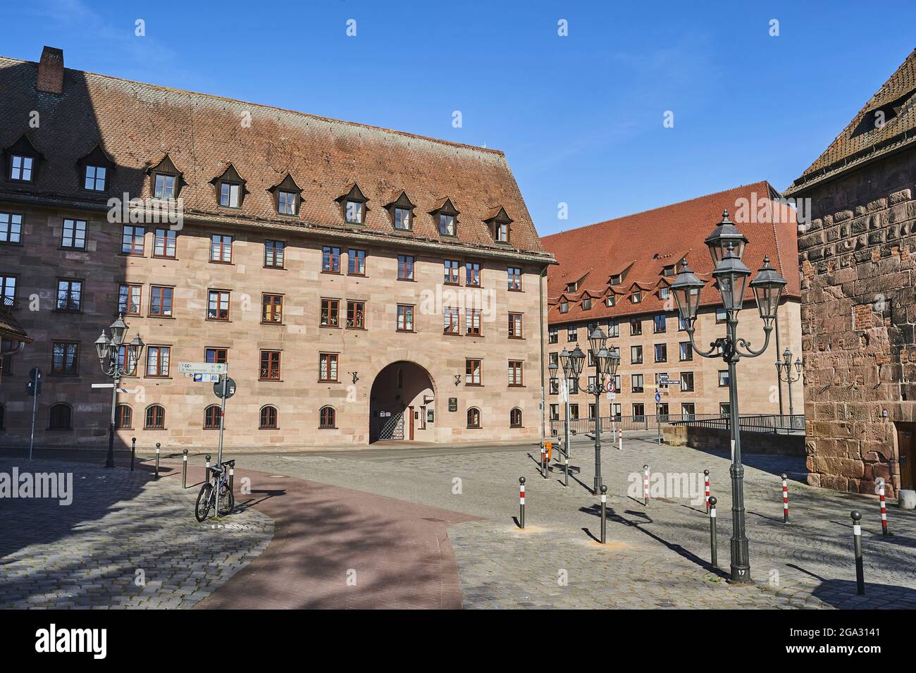 View of the deserted Nuremberg old town in times of the Covid-19 global pandemic; Nuremberg, Franconia, Bavaria, Germany Stock Photo