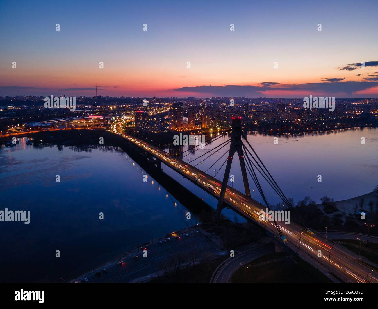 Aerial view from drone cable-stayed bridge at night Stock Photo