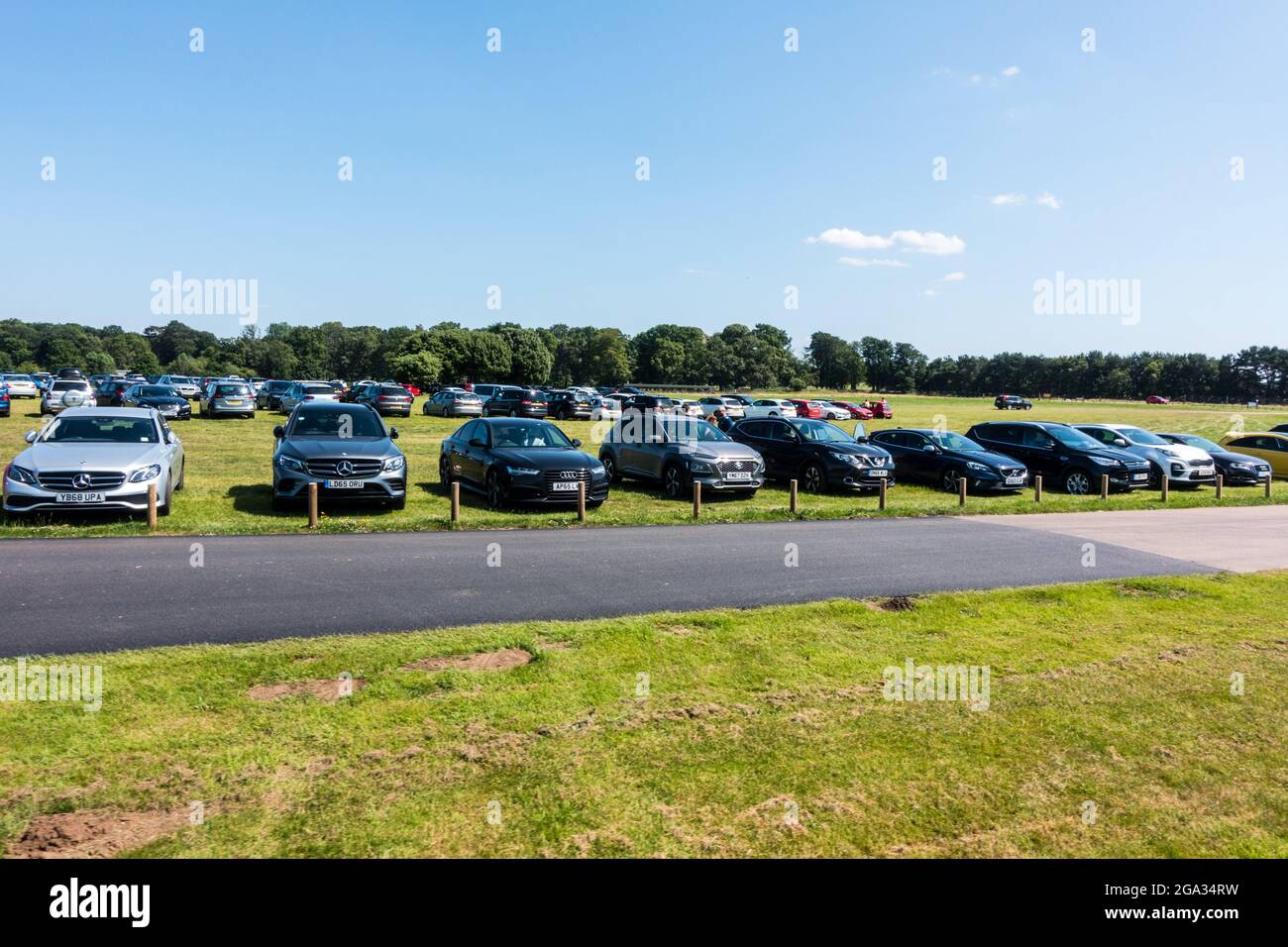 Large group of cars parked on grass verge Stock Photo