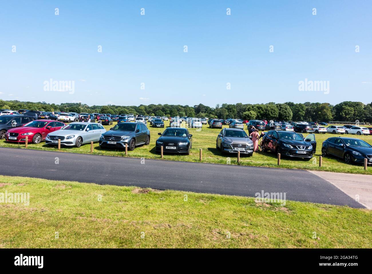 Large group of cars parked on grass verge Stock Photo