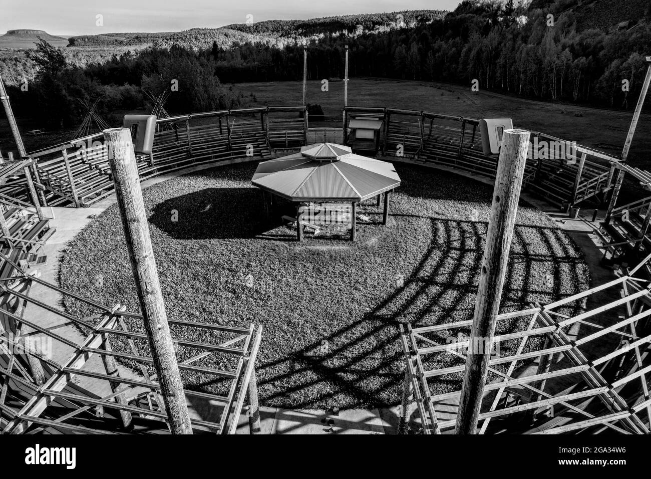 THUNDERBAY, CANADA - May 27, 2021: A grayscale shot of a Pow Wow centre gathering place Stock Photo
