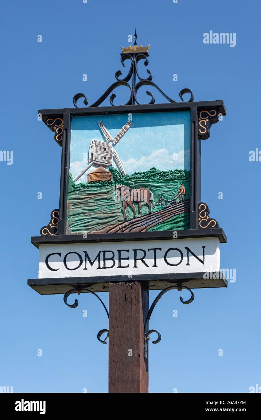 Village sign, Comberton, Cambridgeshire, England, United Kingdom Stock Photo