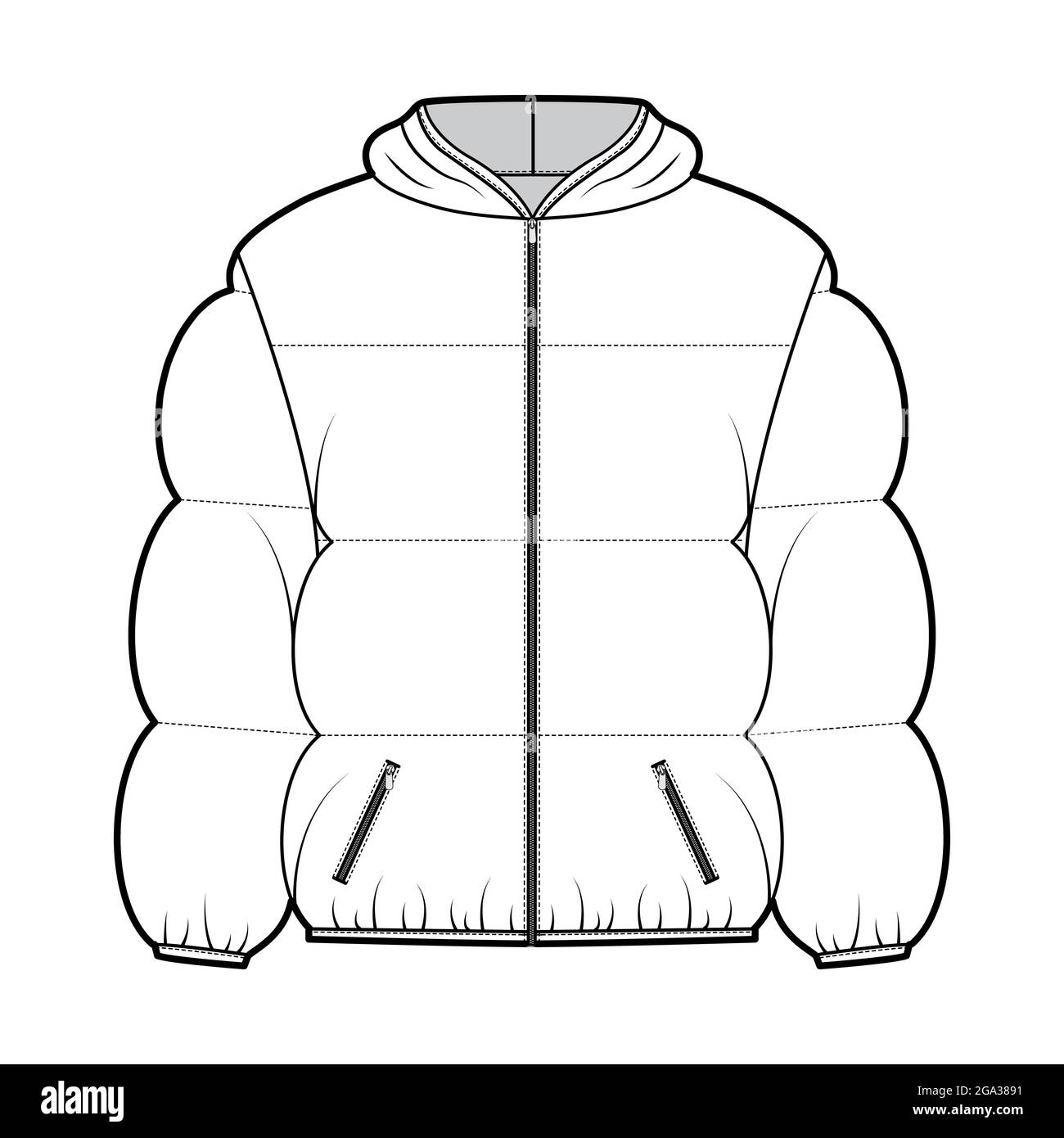 Hooded jacket Down puffer coat technical fashion illustration with long  sleeves, pockets, boxy fit, hip length,
