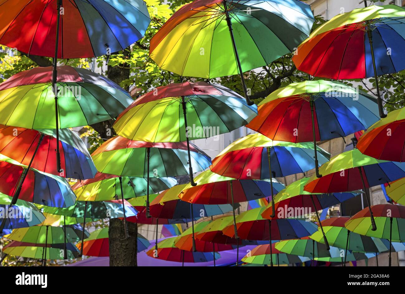 An abundance of umbrellas in colourful rainbow stripes hang over a street with the tree foliage during Gay Pride Week in Paris; Paris, France Stock Photo