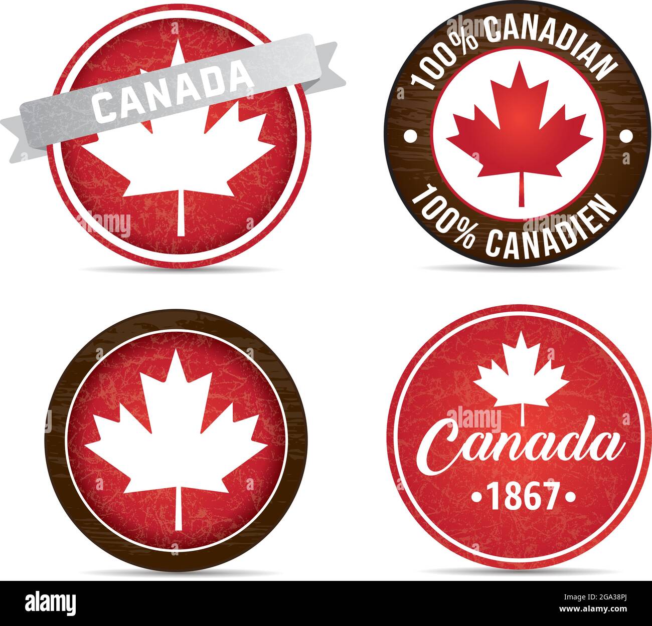 Canada country emblem round icon set vector with grunge and wood texture Stock Vector