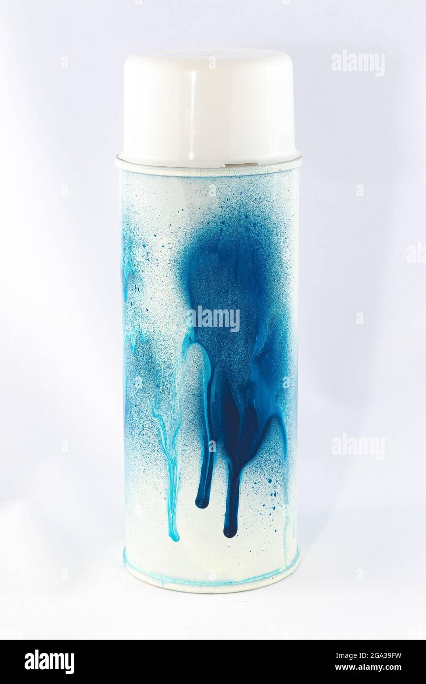 Blue Spray Paint Can on White Background - Close-Up Shot Stock Photo ...