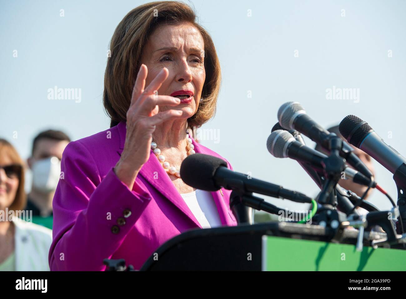 Speaker of the United States House of Representatives Nancy Pelosi (Democrat of California) offers remarks during a press conference to call for climate action outside the US Capitol in Washington, DC, Wednesday, July 28, 2021. Credit: Rod Lamkey/CNP Stock Photo