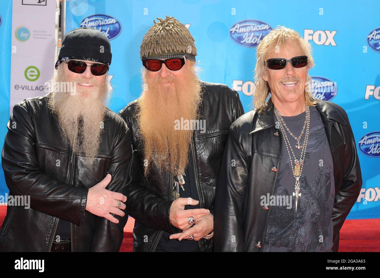 Los Angeles, USA. 21st May, 2008. Dusty Hill, John Cusimano and Billy F. Gibbons of ZZ Top. 21 May 2008 - Los Angeles, California. American Idol 2008 Grand Finale - Arrivals at the Nokia Theatre. Photo Credit: Giulio Marcocchi/Sipa Press. /Idol gm.064/0805220941 Credit: Sipa USA/Alamy Live News Stock Photo