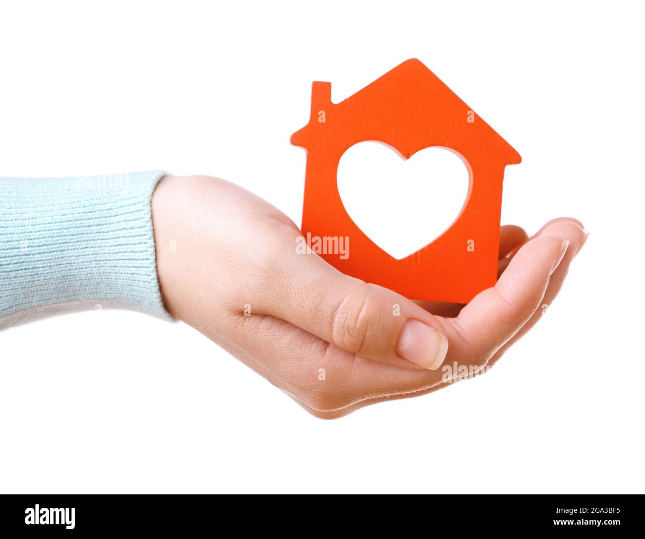 Female hand with small model of house isolated on white Stock Photo - Alamy