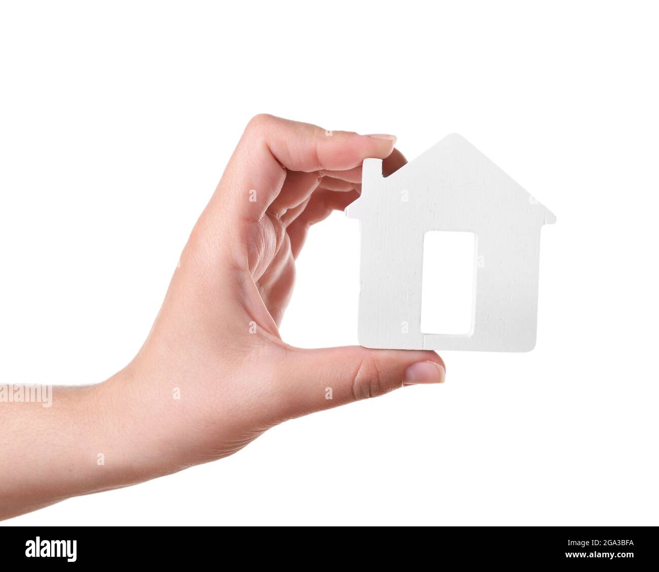 Female hand with small model of house isolated on white Stock Photo - Alamy