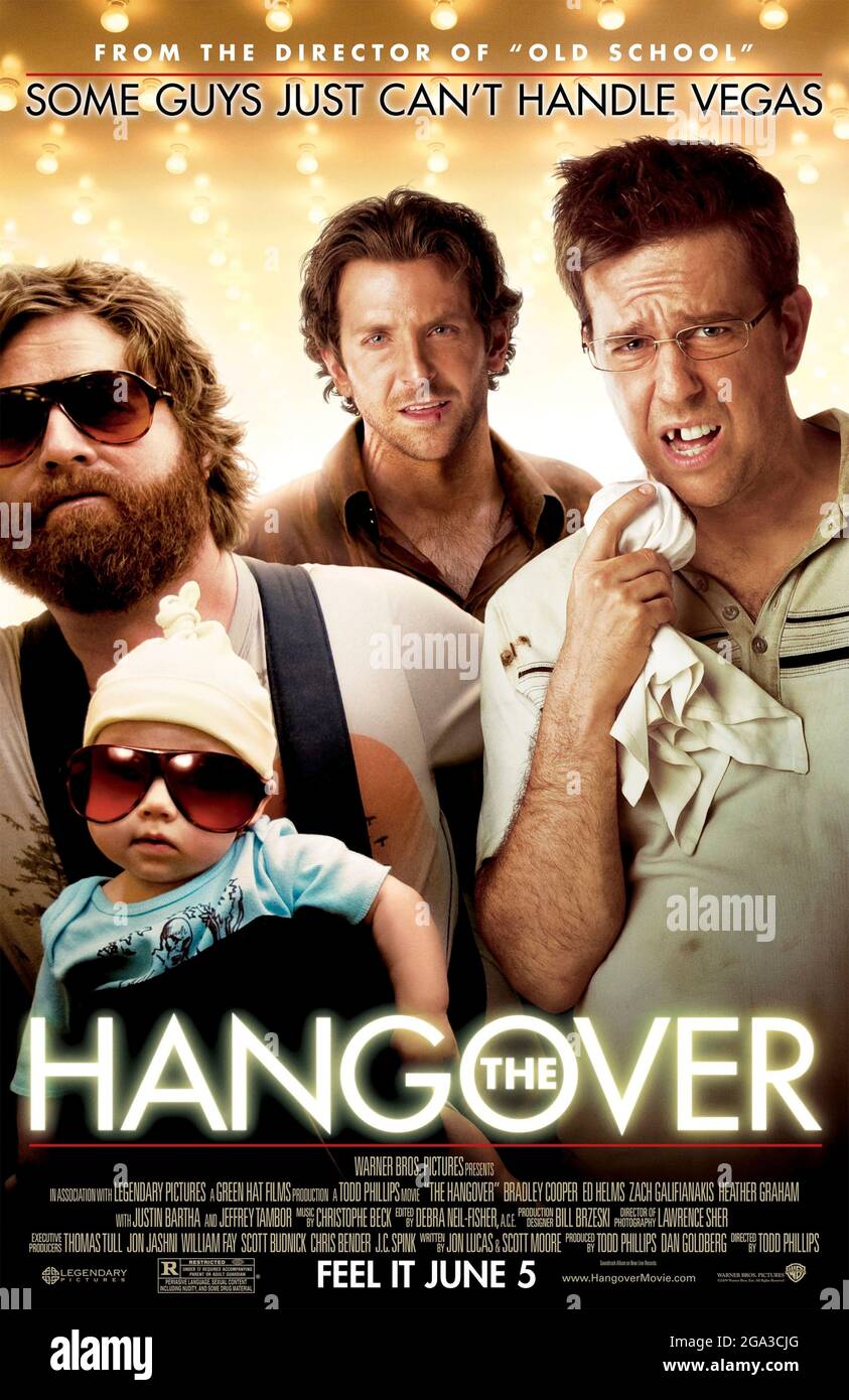 The Hangover (2009) directed by Stephen Sommers and starring Zach Galifianakis, Bradley Cooper, Justin Bartha and Ed Helms. 3 friends have a riotous batchelor party in Las Vegas but wake up without the bachelor and unable to remember what occurred the night before. Stock Photo
