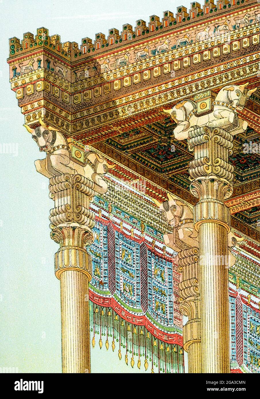 This 1903 illustration shows a  detail of the entablature of the hypostyle hall of Xerxes. A hypostyle hall has a flat ceiling which is supported by columns. The Hypostyle Hall of Xerxes, King of Persia who reigned from 485 to 465 B.C., served as a throne-room or audience hall. It was open air all year round, but the spaces between the columns could no doubt be closed with gorgeous hangings on the sunny side. Detached columnades surrounded it on three sides, the style of the pillars being slightly different from that in the body of the hall; The columns were 65 feet in height and crowned with Stock Photo