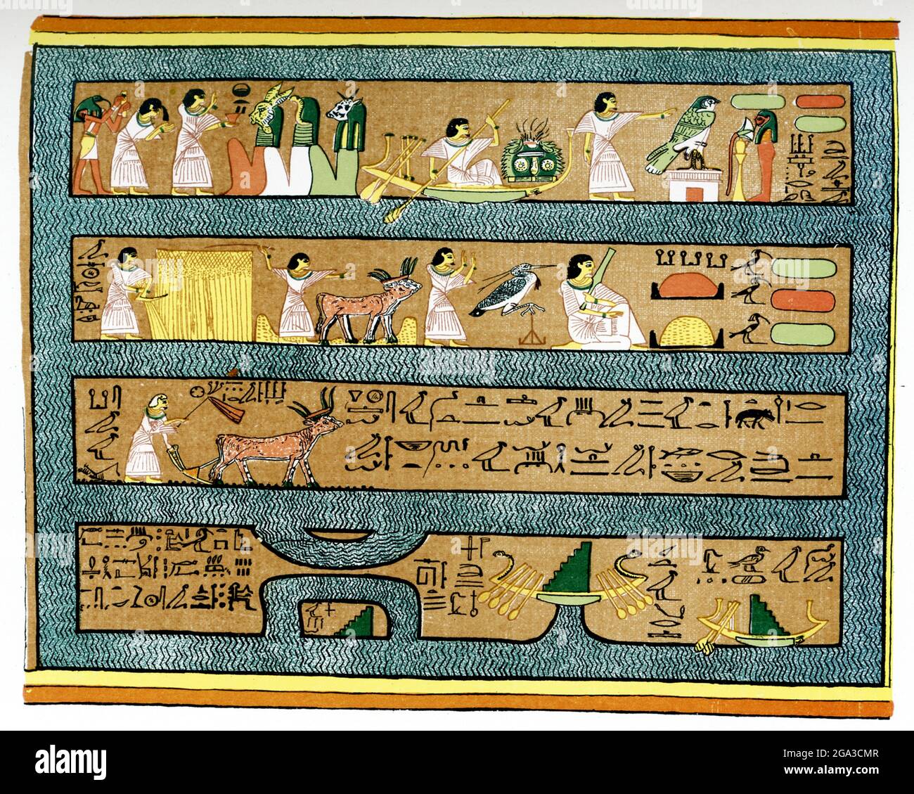 Occupations of Ani in Elysian Fields. This scene is taken from the Papyrus of Ani, a copy of the Egyptian Book of the Dead that dates to the 19th Dynasty. It shows Ani worshiping. The god Thoth introduces Ani into the presence of three gods. Ani worships the sun god Re before two altars and carries lotus flowers. It also shows him plowing and reaping in the Fields of the Dead, through which water flows. Stock Photo