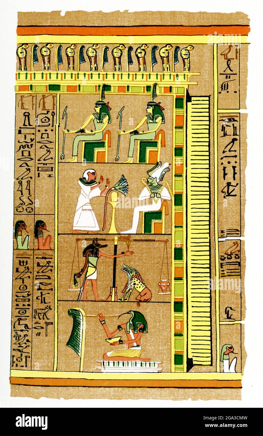 Weighing of the Heart from Papyrus of Ani. For the ancient Egyptians, the Book of the Dead tells of the path the dead must go to the underworld. This image is a part of the book that belonged to the scribe Ani. The Papyrus Ani, as the papyrus is called today, dates to about 1275-1250  B.C., the time of the 19th Dynasty  during the New Kingdom.  At top are two goddesses of law. The frame below shows the scribe Ani, who appears here, dressed in white, before the god Osiris, whose skin is green, the symbol of regeneration and rebirth. Osiris holds the royal scepter and flail. Below, the jackal-he Stock Photo