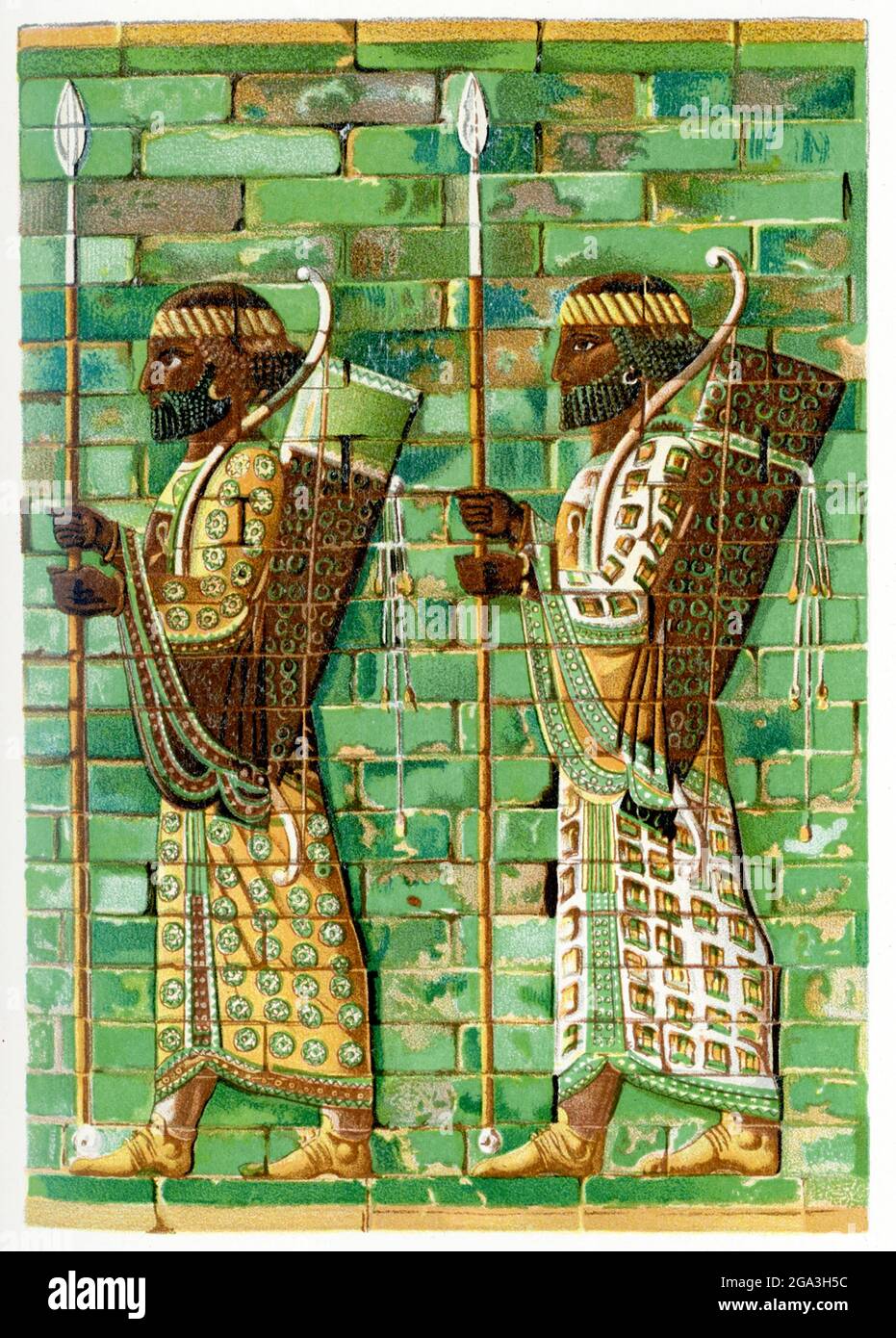 This 1903 illustration shows a frieze of archers at Susa. Shown here is part of the relief frieze in colored glazed tile from the Audience Hall (known as the apadana) of the royal palace at Susa (in present-day Iran). The figures represent members of the powerful royal bodyguard of a Persian king around 400 B.C. , the time of Darius I, who invaded Greece and started what is known today as the Persian Wars (the Greeks being the victors). Darius I built the palace. This relief is now housed in the Louvre in Paris, France. Stock Photo