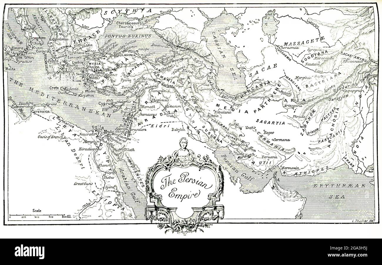 This map, which dates to 1903, delineates the ancient Persian Empire.The Persian Empire is the name given to a series of dynasties centered in modern-day Iran that spanned several centuries. The first Persian Empire, founded by Cyrus the Great around 550 B.C., became one of the largest empires in history, stretching from Europe’s Balkan Peninsula in the West to India’s Indus Valley in the East (as seen here). This Iron Age dynasty, sometimes called the Achaemenid Empire, was a global hub of culture, religion, science, art and technology for more than 200 years before it fell to the invading ar Stock Photo