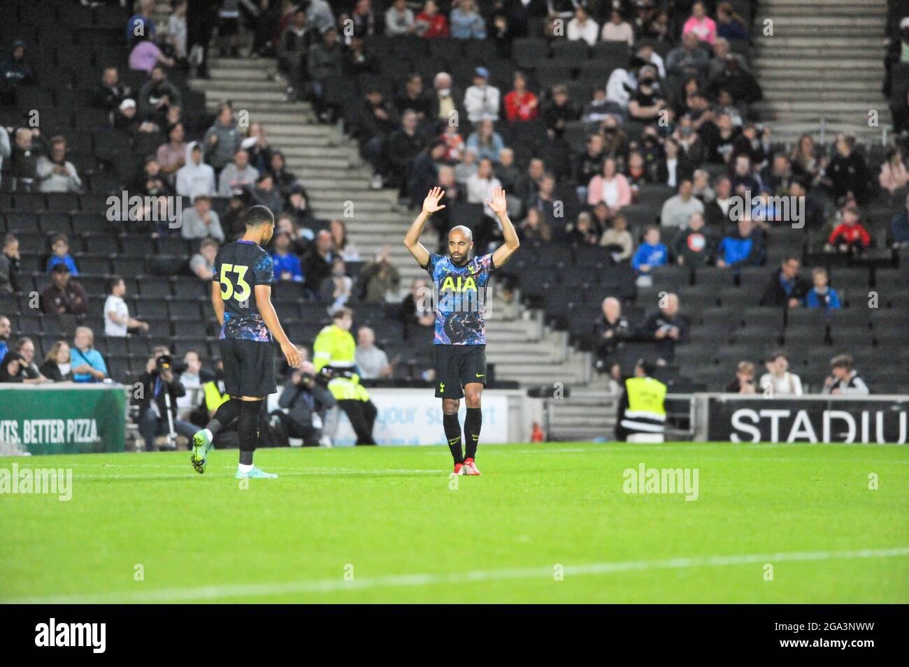 lucas moura (27 tottenham hotspur) raises hands after scoring  during the pre season friendly between Milton Keynes Dons v Tottenham Hotspur at the Stadium MK, Milton Keynes England. Stock Photo