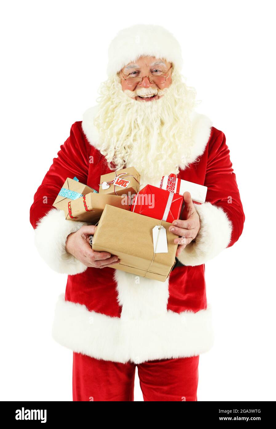 Santa Claus with gift boxes isolated on white background Stock Photo ...