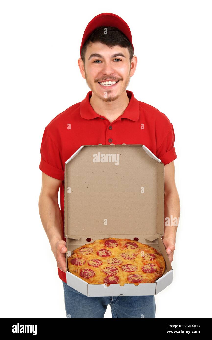 Delivery boy with cardboard pizza box isolated on white Stock Photo Alamy