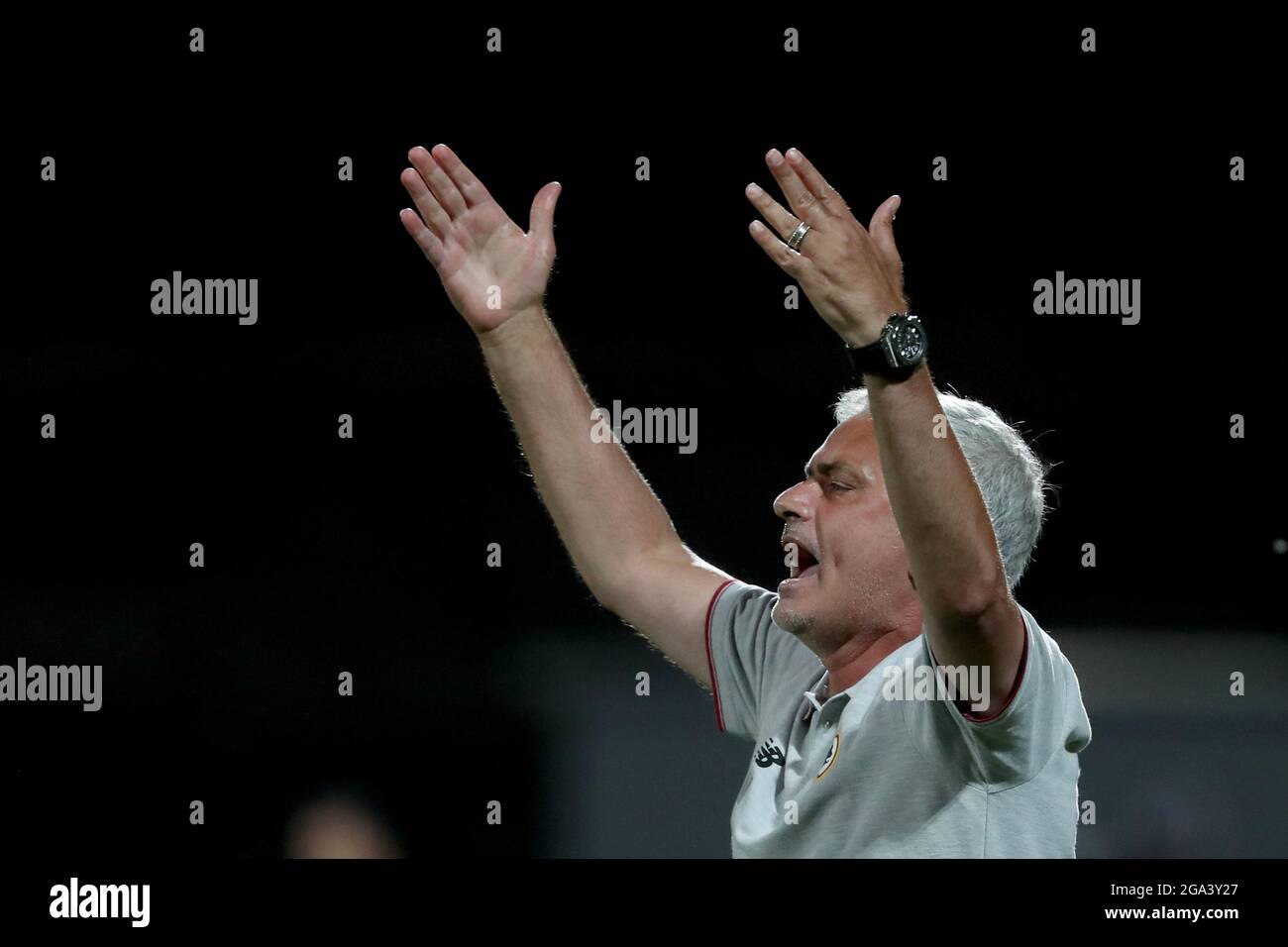 Algarve, Portugal. 28th July, 2021. AS Roma's head coach Jose Mourinho reacts during an international club friendly football match between AS Roma and FC Porto at the Bela Vista stadium in Lagoa, Portugal on July 28, 2021. (Credit Image: © Pedro Fiuza/ZUMA Press Wire) Stock Photo