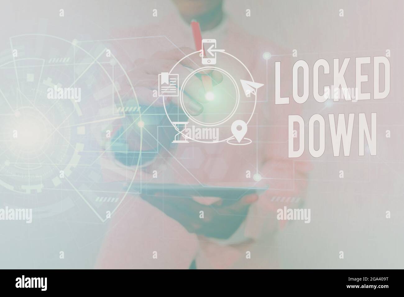 Network Lock Down Hand writing sign Locked Down. Internet Concept emergency measure which ...