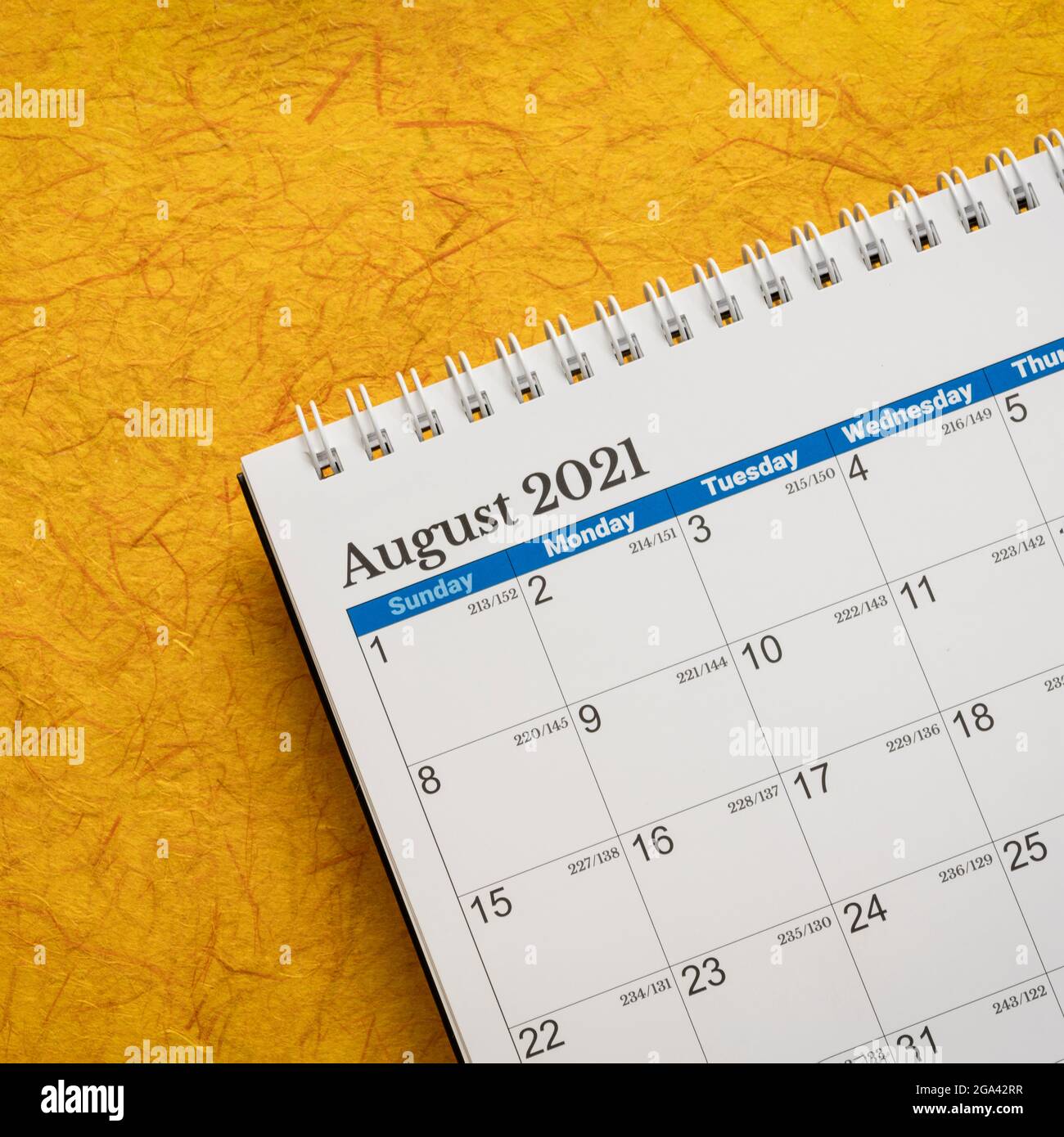 August 2021 - spiral desktop calendar against handmade paper landscape
