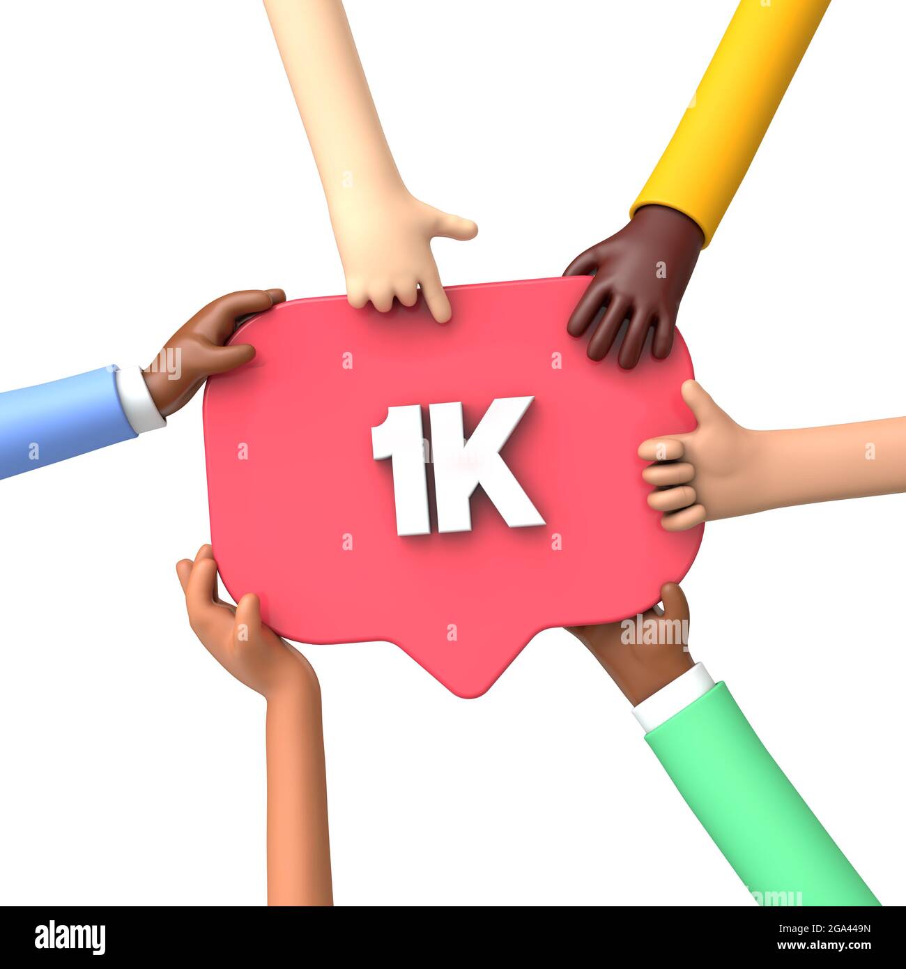 Hands holding a 1k social media followers banner label. 3D Rendering Stock Photo
