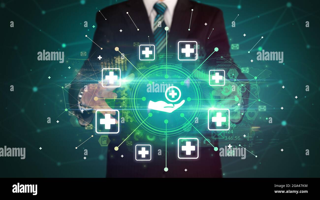 Hand holding healthcare icons concept Stock Photo - Alamy