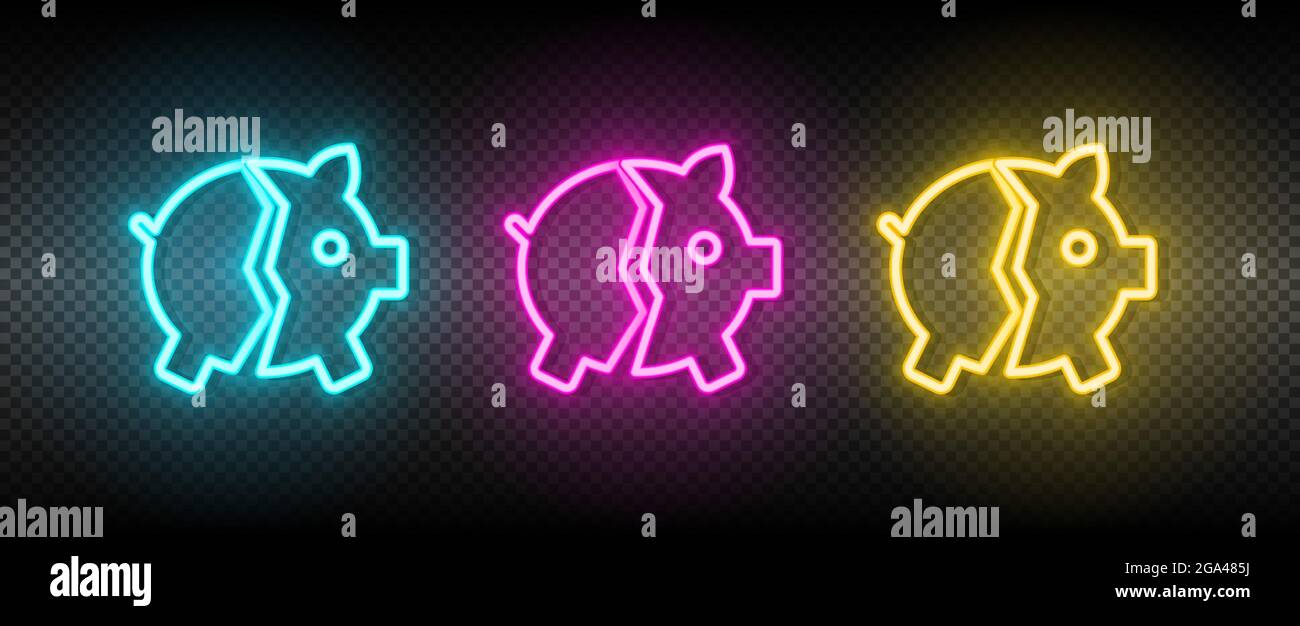 bank, broken, piggy neon vector icon. Illustration neon blue, yellow, red icon set Stock Vector