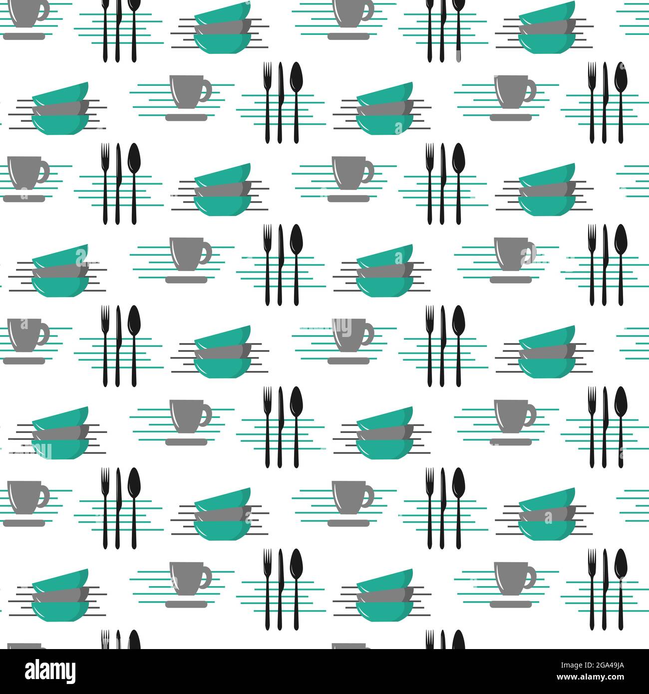 Pattern with cutlery, cup and bowls. Vector illustration. Stock Vector