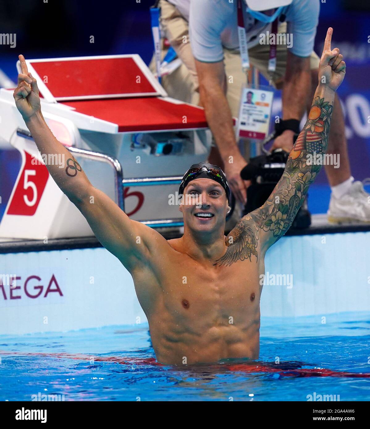 USA’s Caeleb Dressel celebrates winning the Men's 100m Freestyle final ...