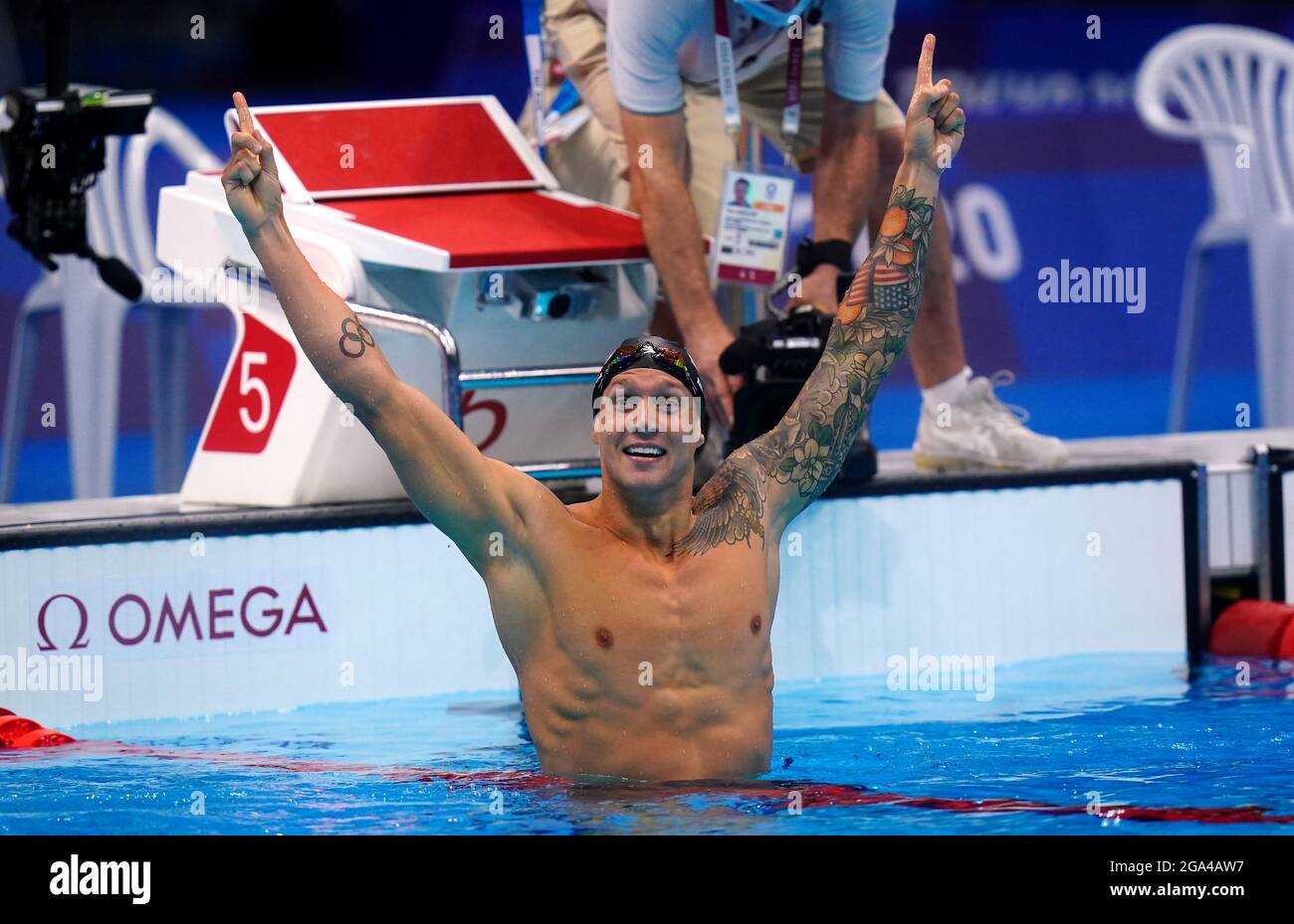 USA’s Caeleb Dressel celebrates winning the Men's 100m Freestyle final ...