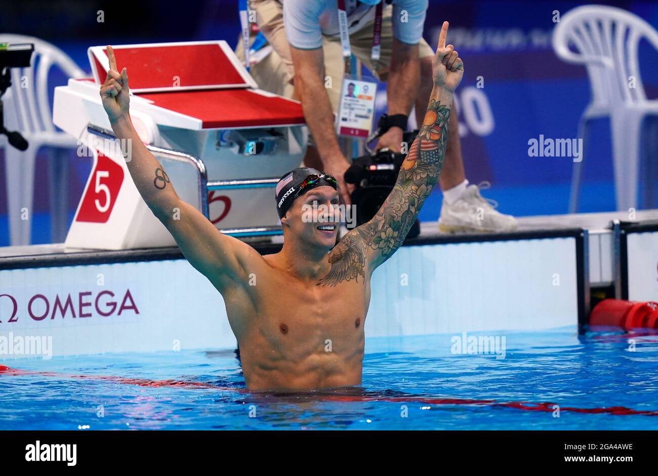 USA’s Caeleb Dressel celebrates winning the Men's 100m Freestyle final ...