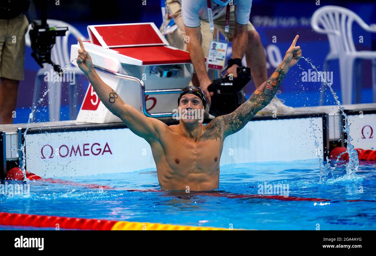 USA’s Caeleb Dressel celebrates winning the Men's 100m Freestyle final ...