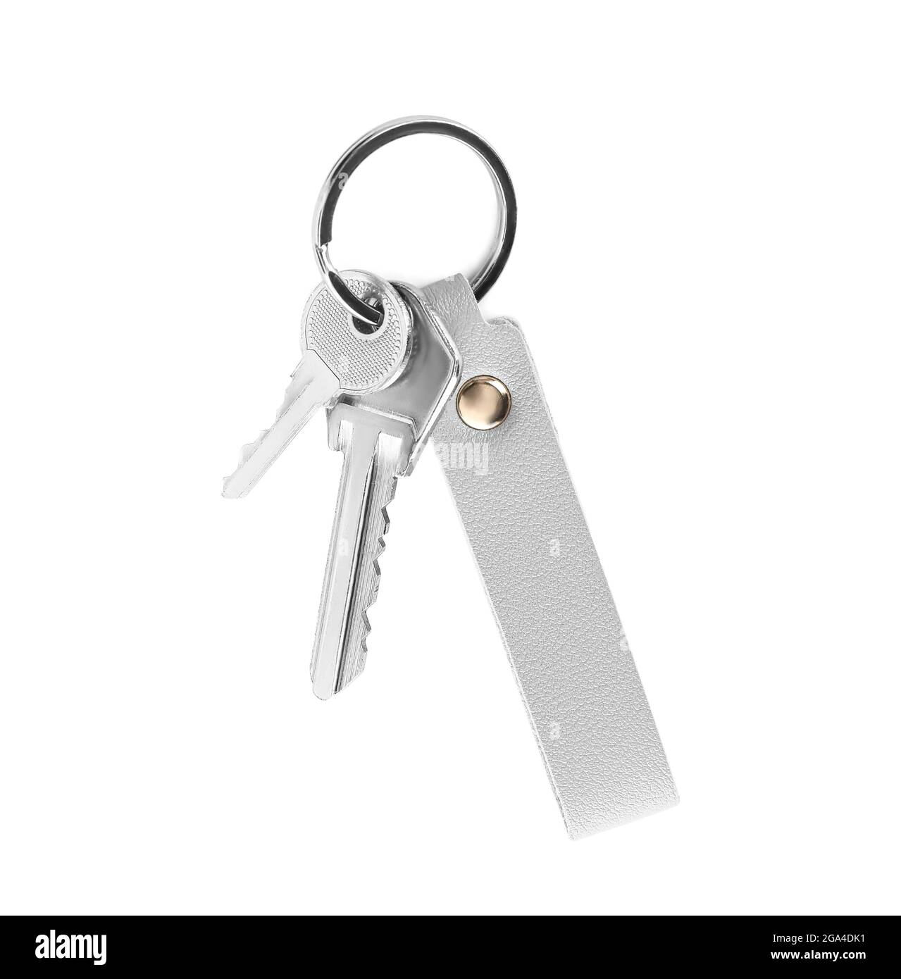 Keys with leather keychain on white background Stock Photo