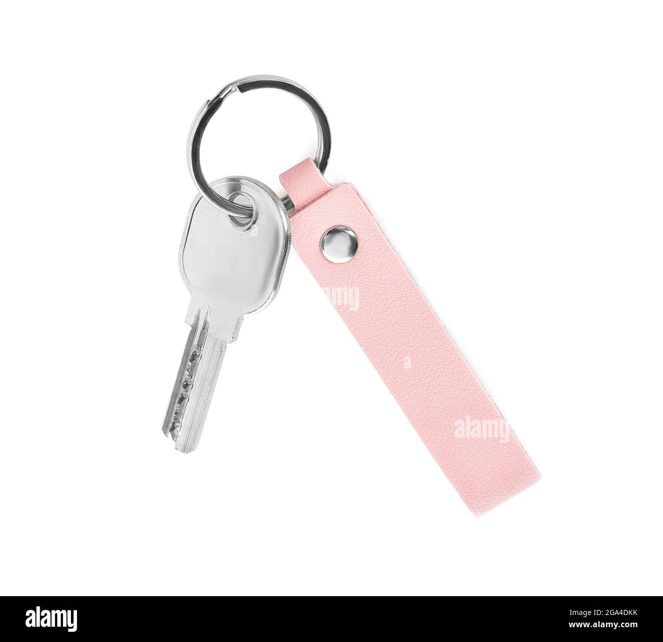 Key with leather keychain on white background Stock Photo