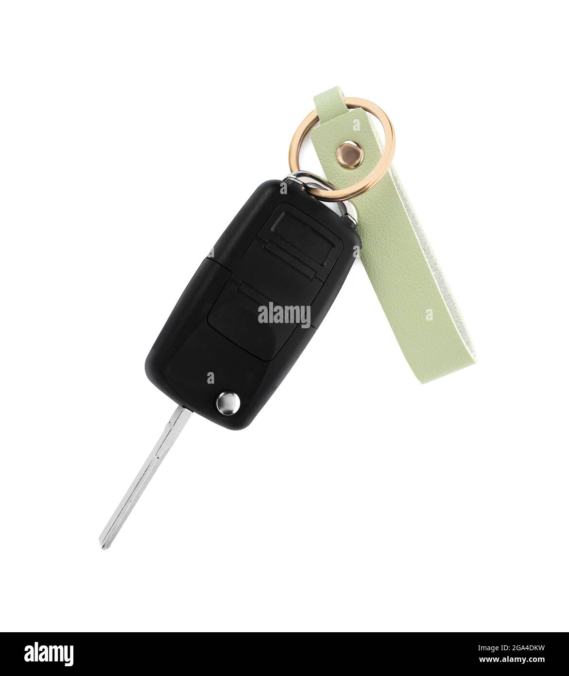 Car key with leather keychain on white background Stock Photo