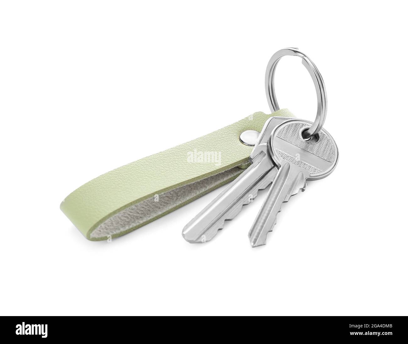 Keys with leather keychain on white background Stock Photo
