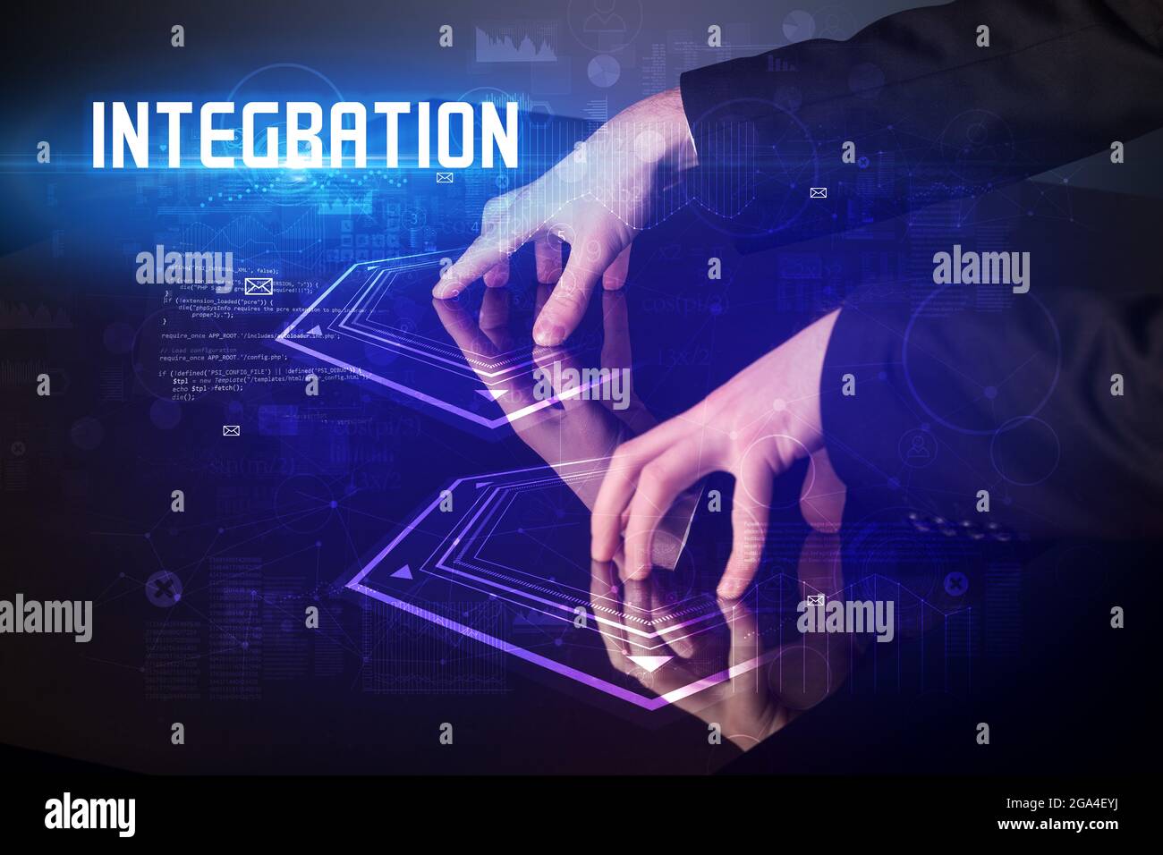 Hand touching digital table Stock Photo