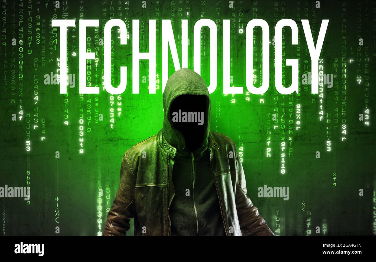 Faceless hacker with inscription Stock Photo