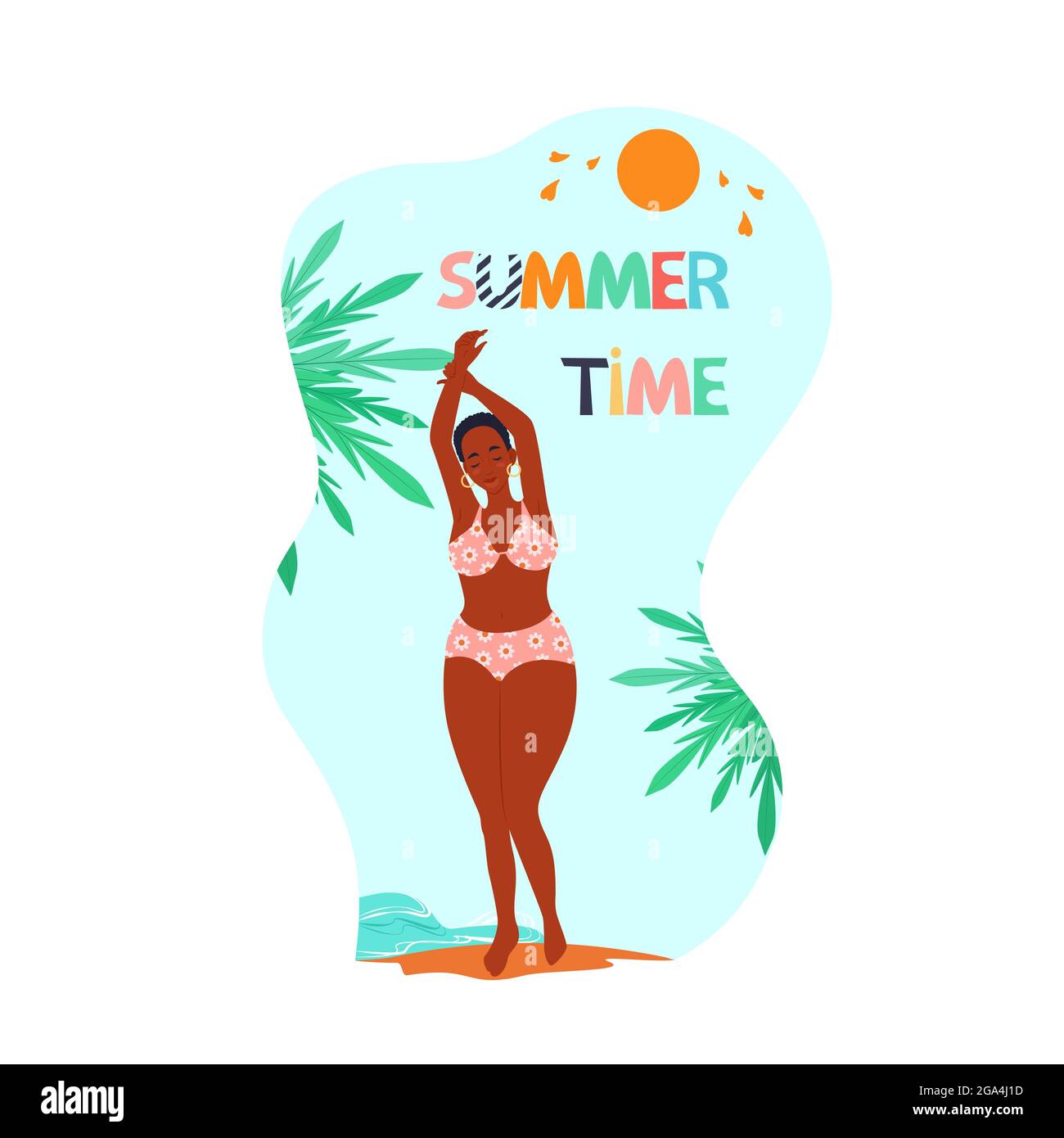 African american woman with closed eyes in swimsuit with arms raised enjoys summer, lettering summer time, vector illustration in flat style. Cartoon Stock Vector