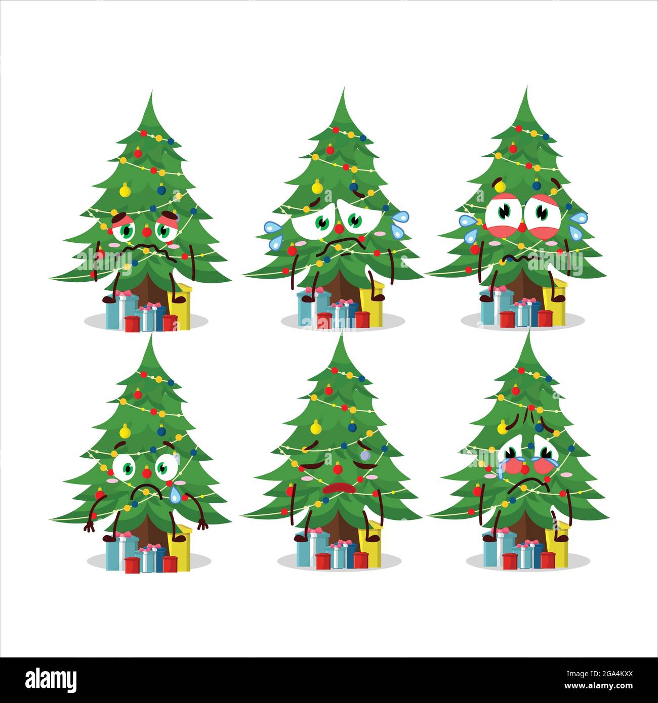Christmas tree with giftbox cartoon character with sad expression. Vector illustration Stock