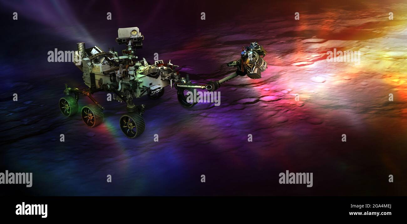 Rover on the dark side of Moon lighten by colorful light spots. Elements of this image furnished by NASA. Stock Photo
