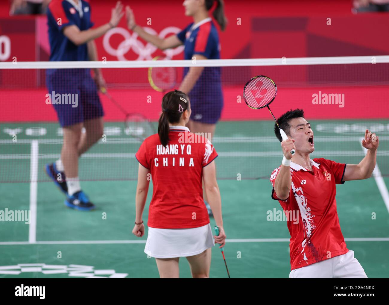 Tokyo, Japan. 29th July, 2021. Zheng Siwei (R)/Huang Yaqiong of China react  during the badminton mixed doubles semifinal between Zheng Siwei/Huang  Yaqiong of China and Tang Chun Man/Tse Ying Suet of Hong