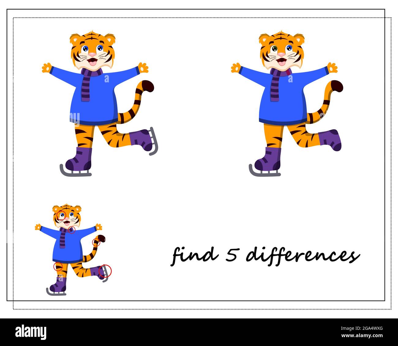 a game for children find the differences, winter, a tiger on skates, a ...