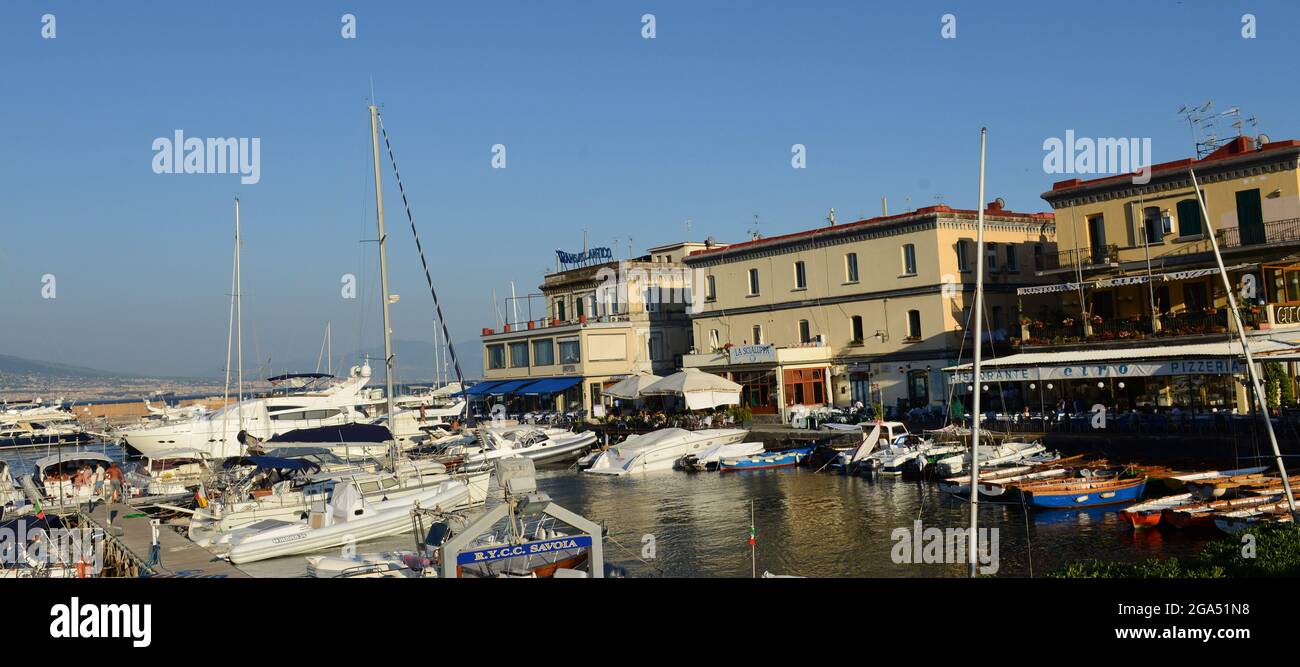 Restaurants along the marina on Via Luculliana in Naples, Italy. Stock Photo