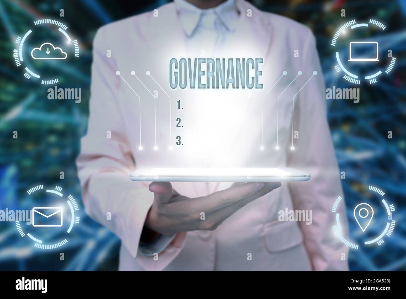 Handwriting text Governance. Word for exercised in handling an economic situation in a nation Lady Uniform Standing Tablet Hand Presenting Virtual Stock Photo