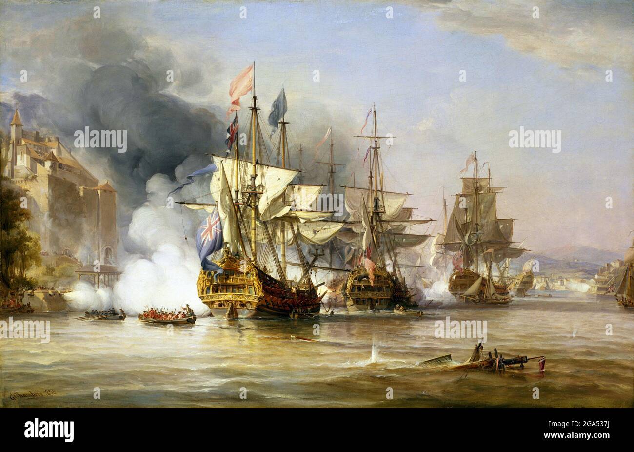 Panama: 'The Capture of Puerto Bello, 21 November 1739'. Oil on canvas painting by George Chambers Senior (1803-1840), 1838.  Portobello was founded in 1597 by Spanish explorer Francisco Velarde y Mercado. From the sixteenth to the eighteenth centuries it was an important silver-exporting port in New Granada on the Spanish Main and one of the ports on the route of the Spanish treasure fleets. It was attacked on November 21, 1739, and captured by a British fleet, commanded by Admiral Edward Vernon during the War of Jenkins' Ear. Stock Photo