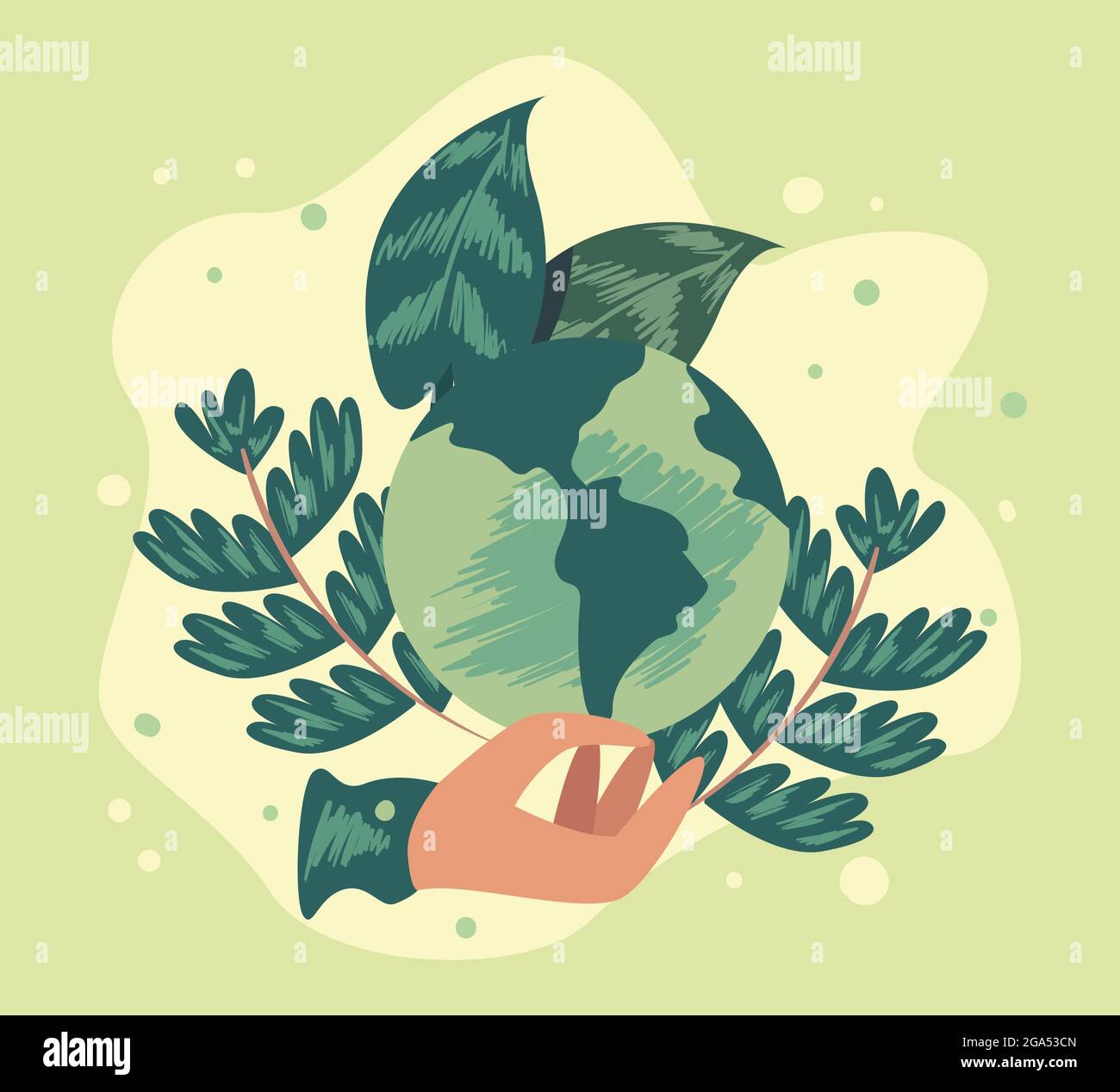 Hand holding eco earth with leaves on green background Stock Vector ...